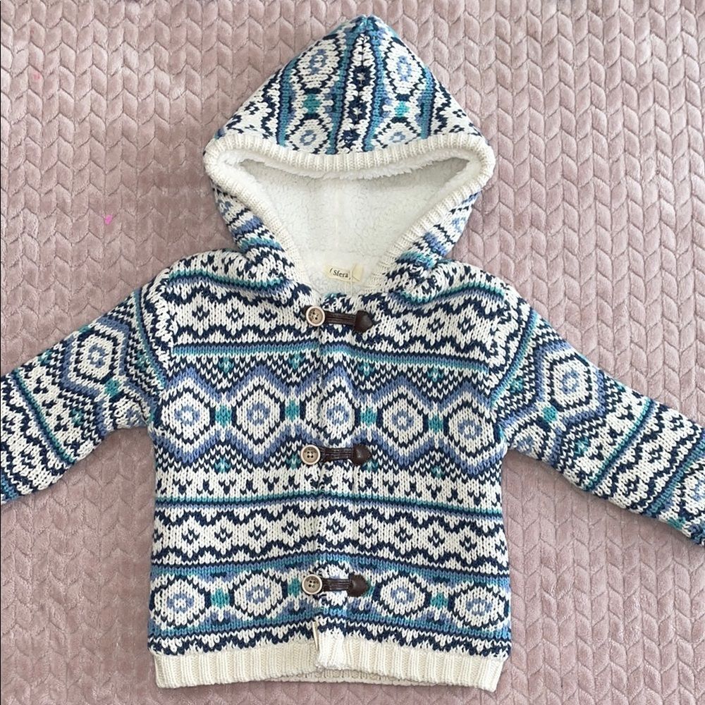 Sfera Kids Blue Fur Lined Jacquard Knit Jacket